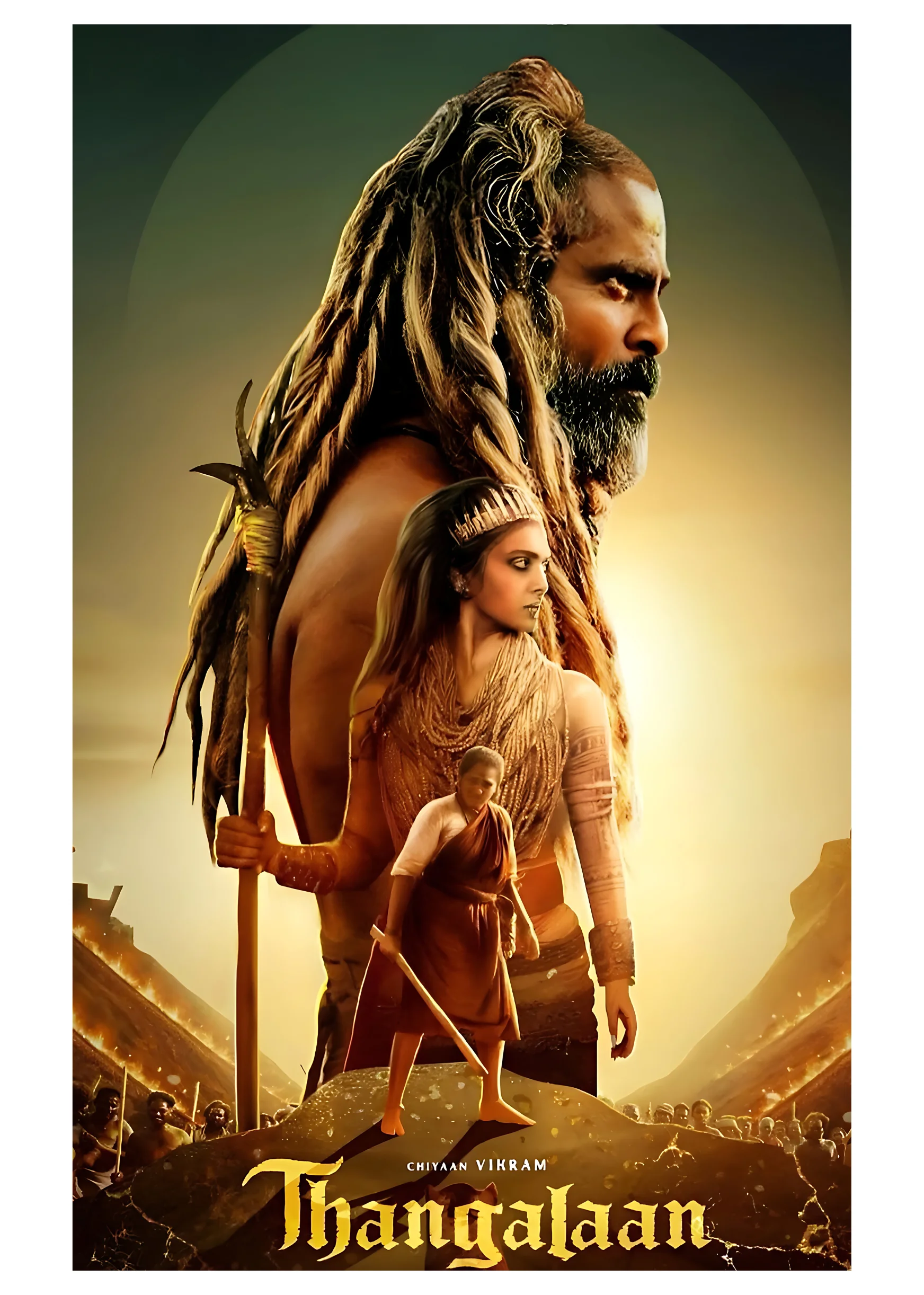 a movie poster of a man with long hair and a woman standing behind him Thangalaan movie