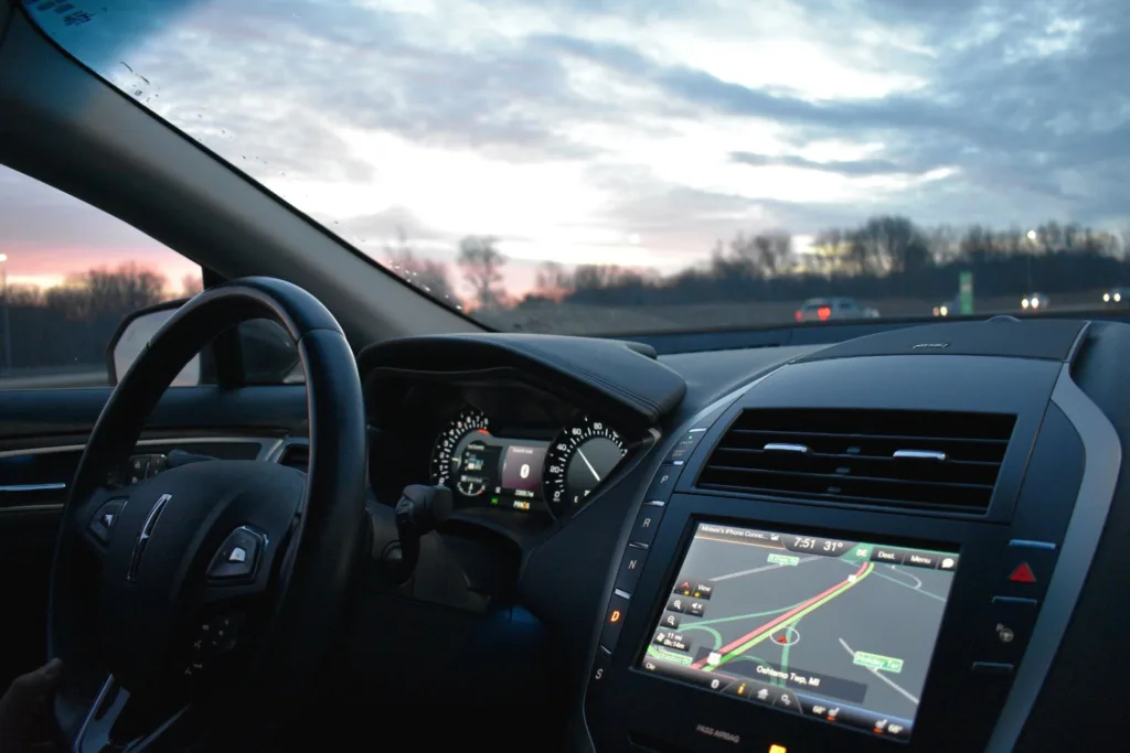 a car dashboard with a gps navigation system